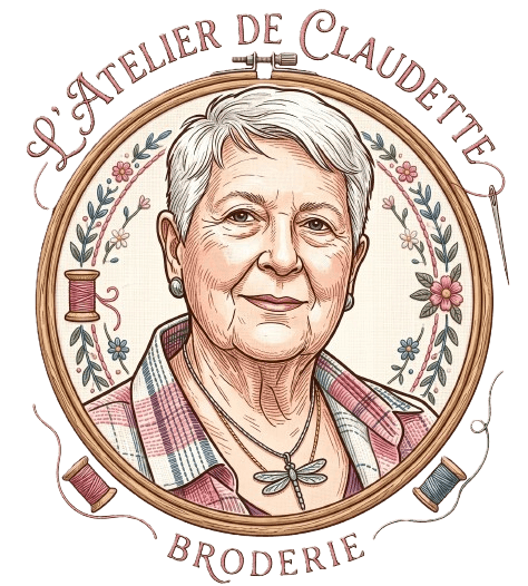 L'Atelier de Claudette — portrait de Claudette dans un cercle de broderie