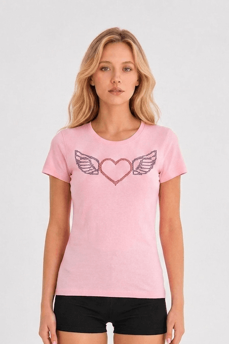Tee-shirt rose pâle strass coeur avec ailes