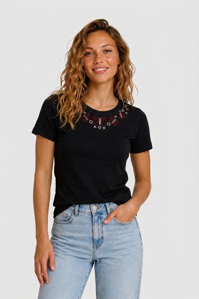 Tee-shirt noir con rond strass col papillon