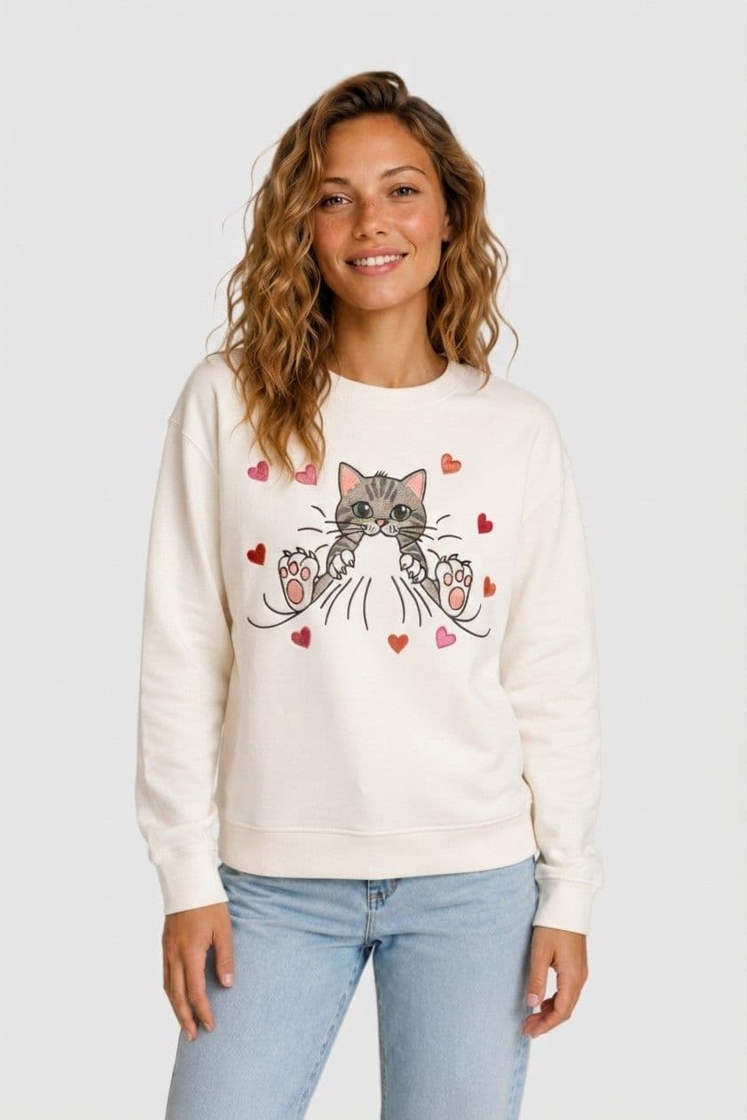 Sweat brodé chat blanc