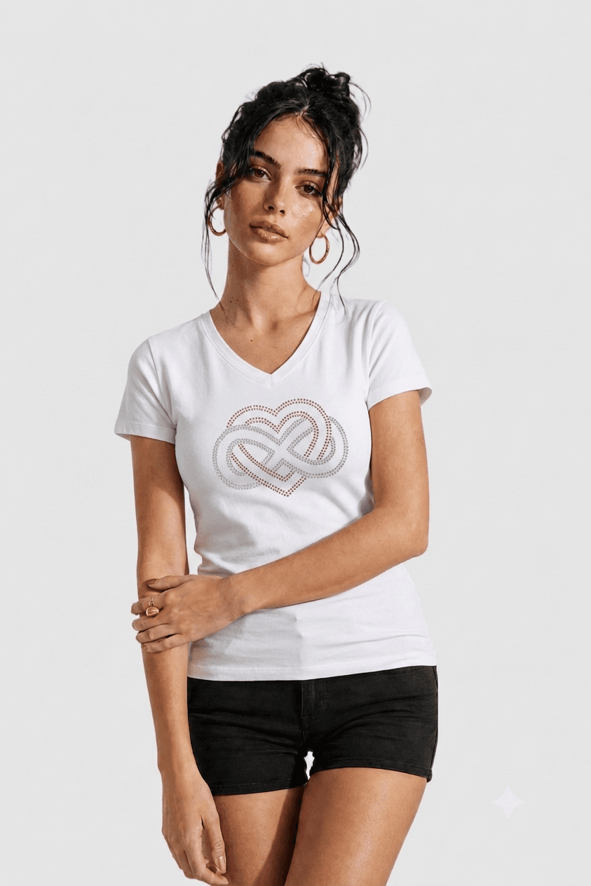 Tee-shirt blanc strass coeur et infini
