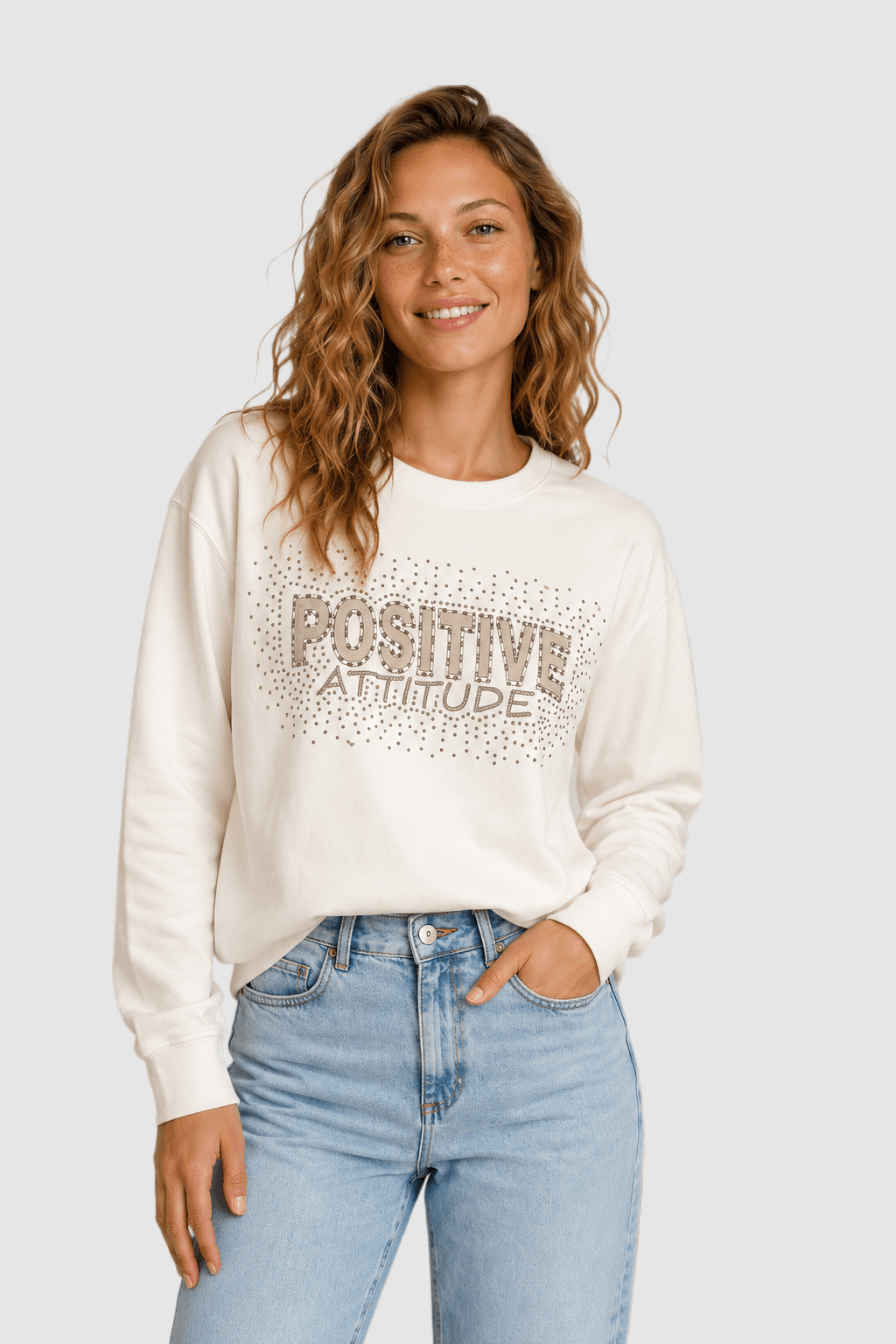 Sweat blanc brodé aves strass positive attitude