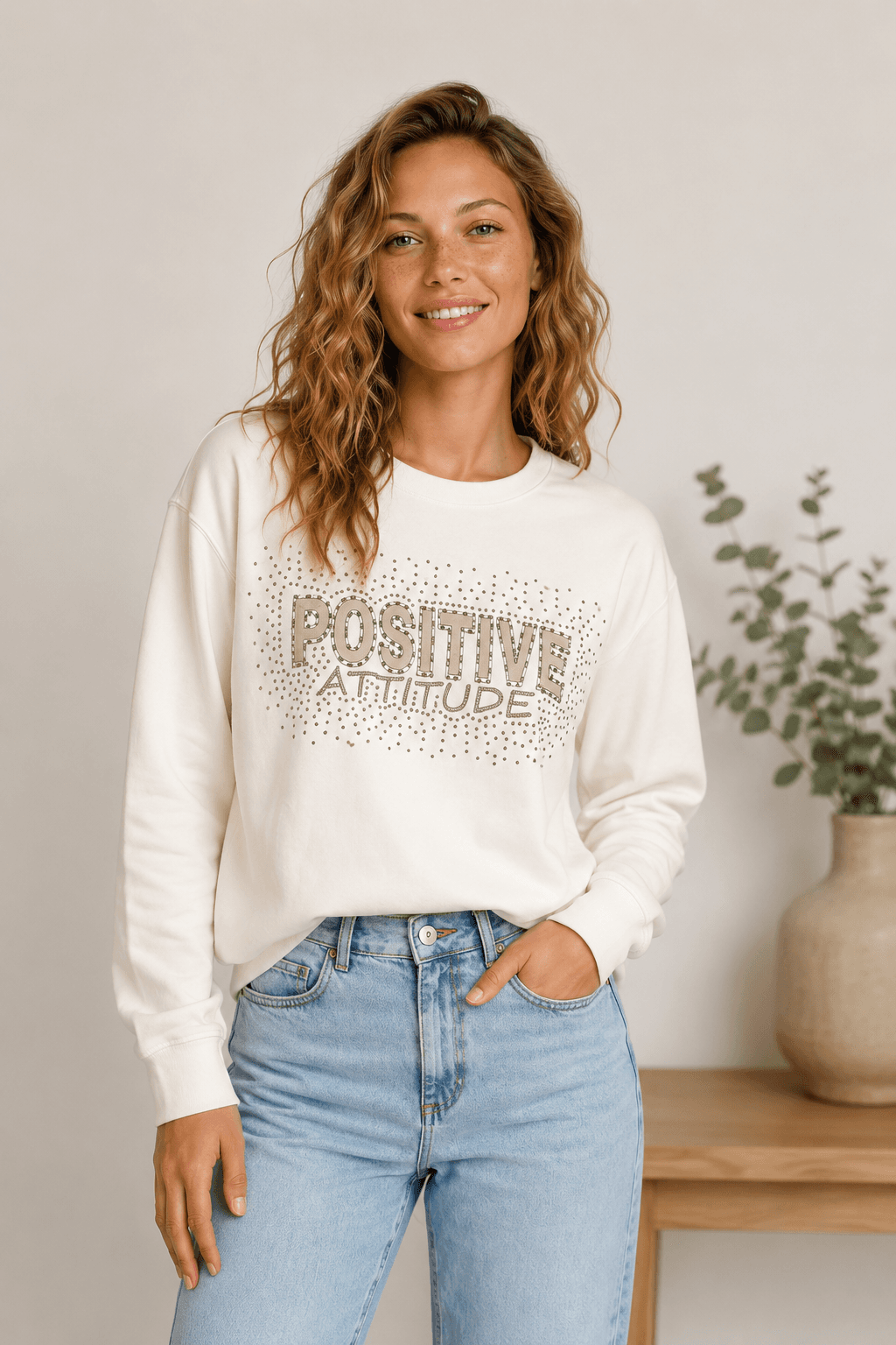 sweat blanc brodé strass positive attitude