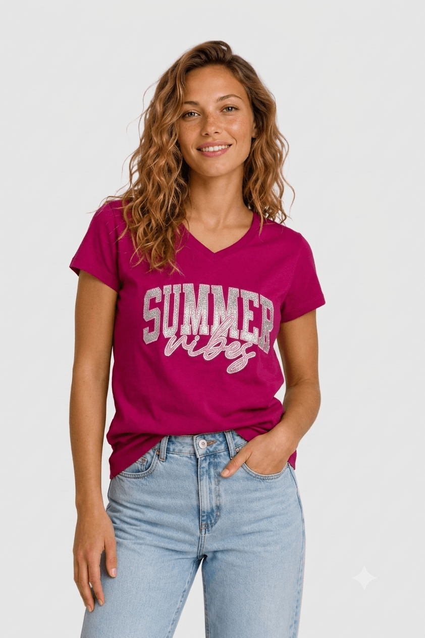 Tee-shirt fuschia brodé summer vibes